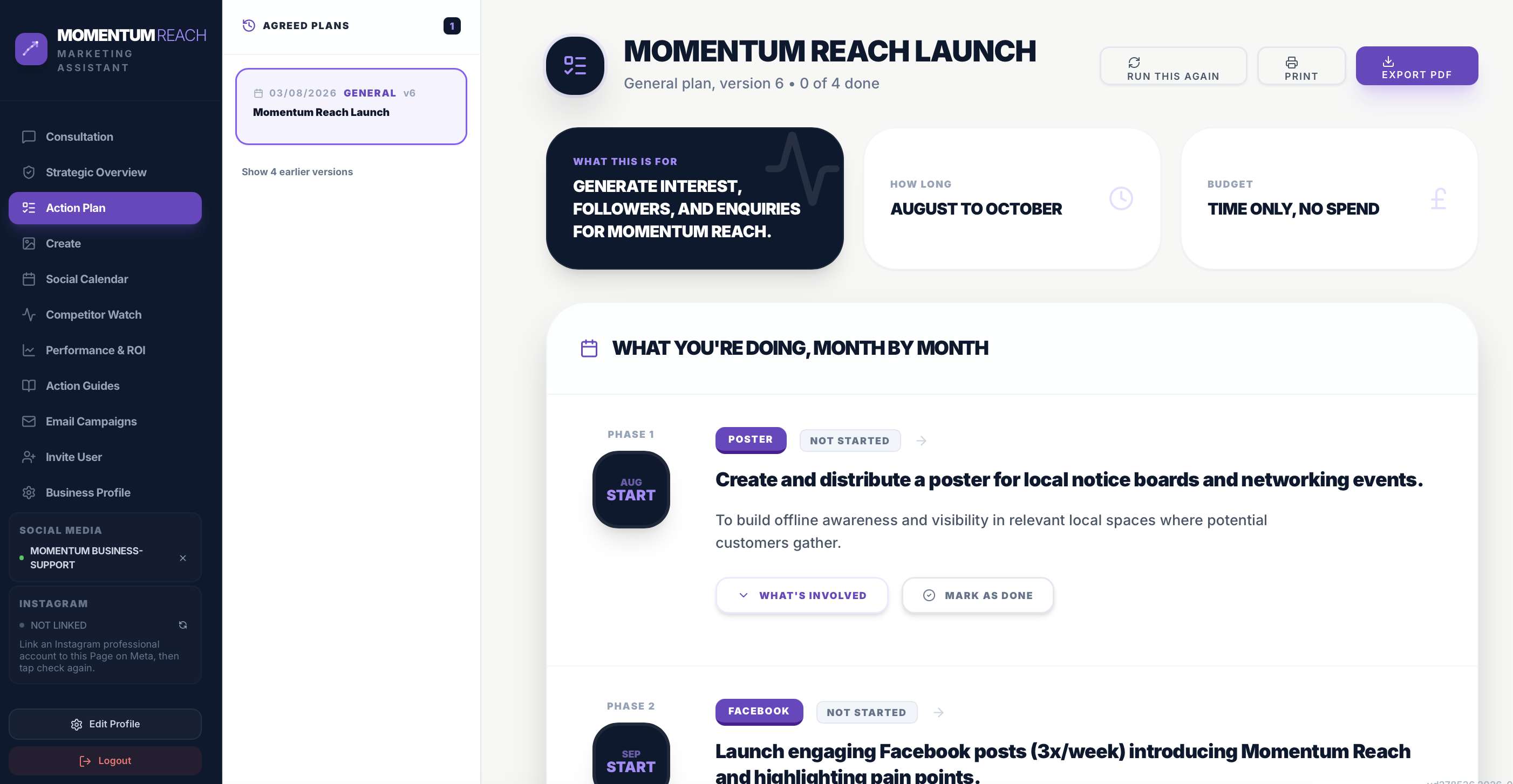 Momentum Reach action plan screen