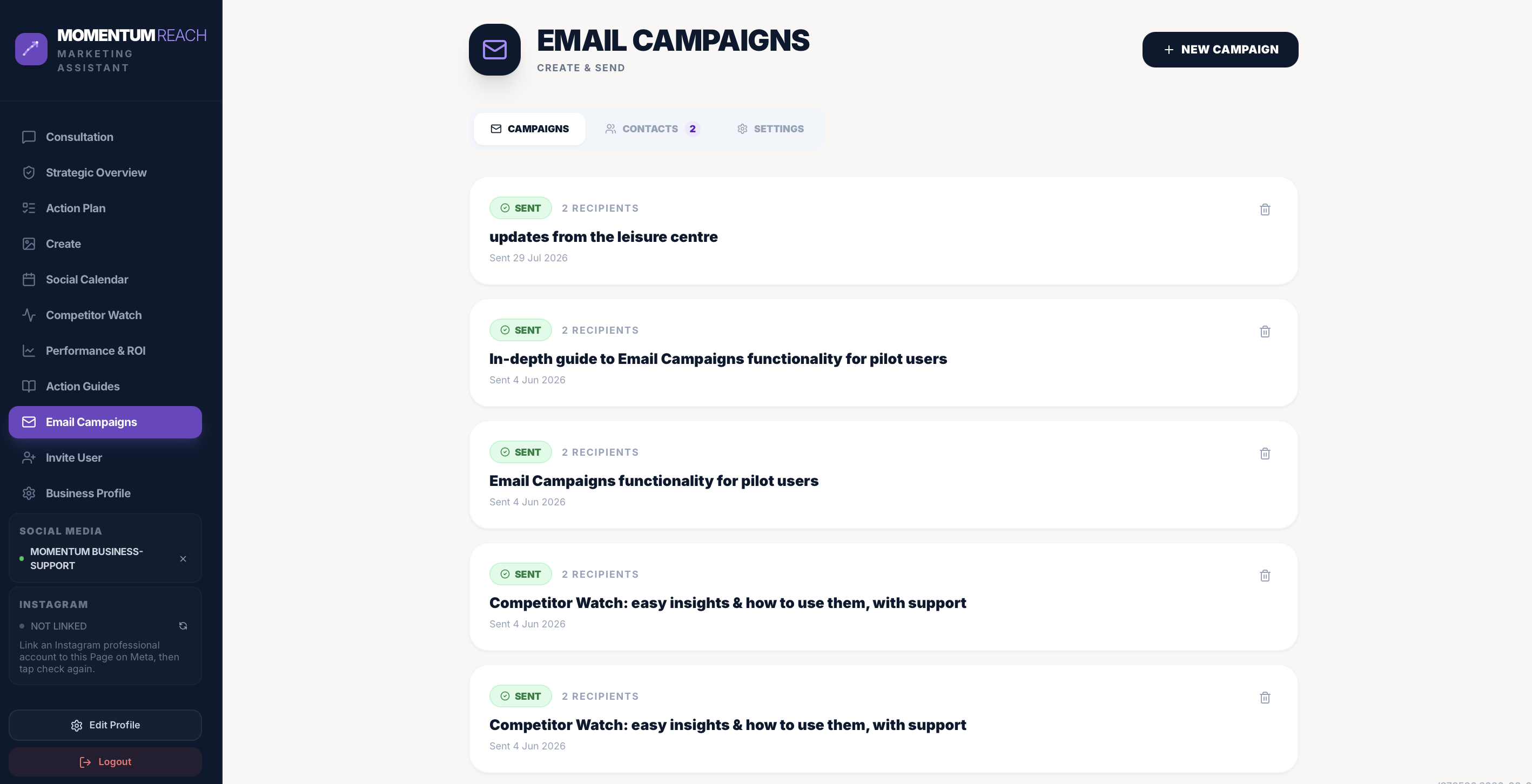 Momentum Reach email campaigns screen