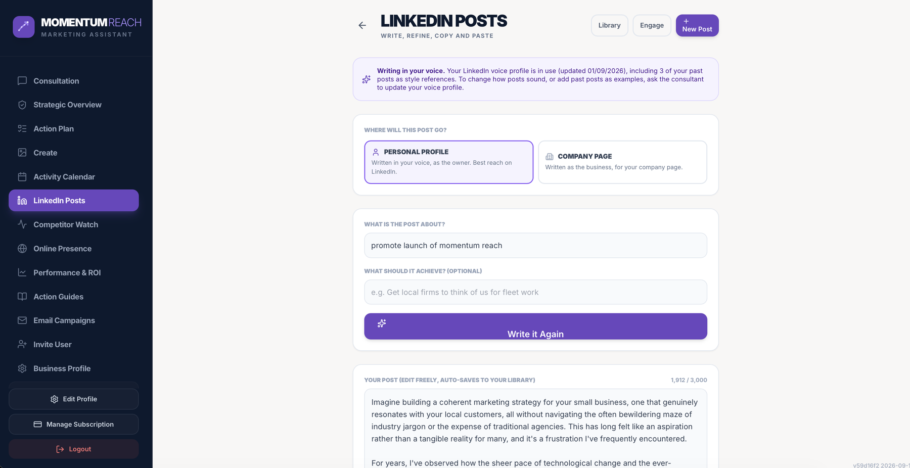 Momentum Reach LinkedIn posts screen
