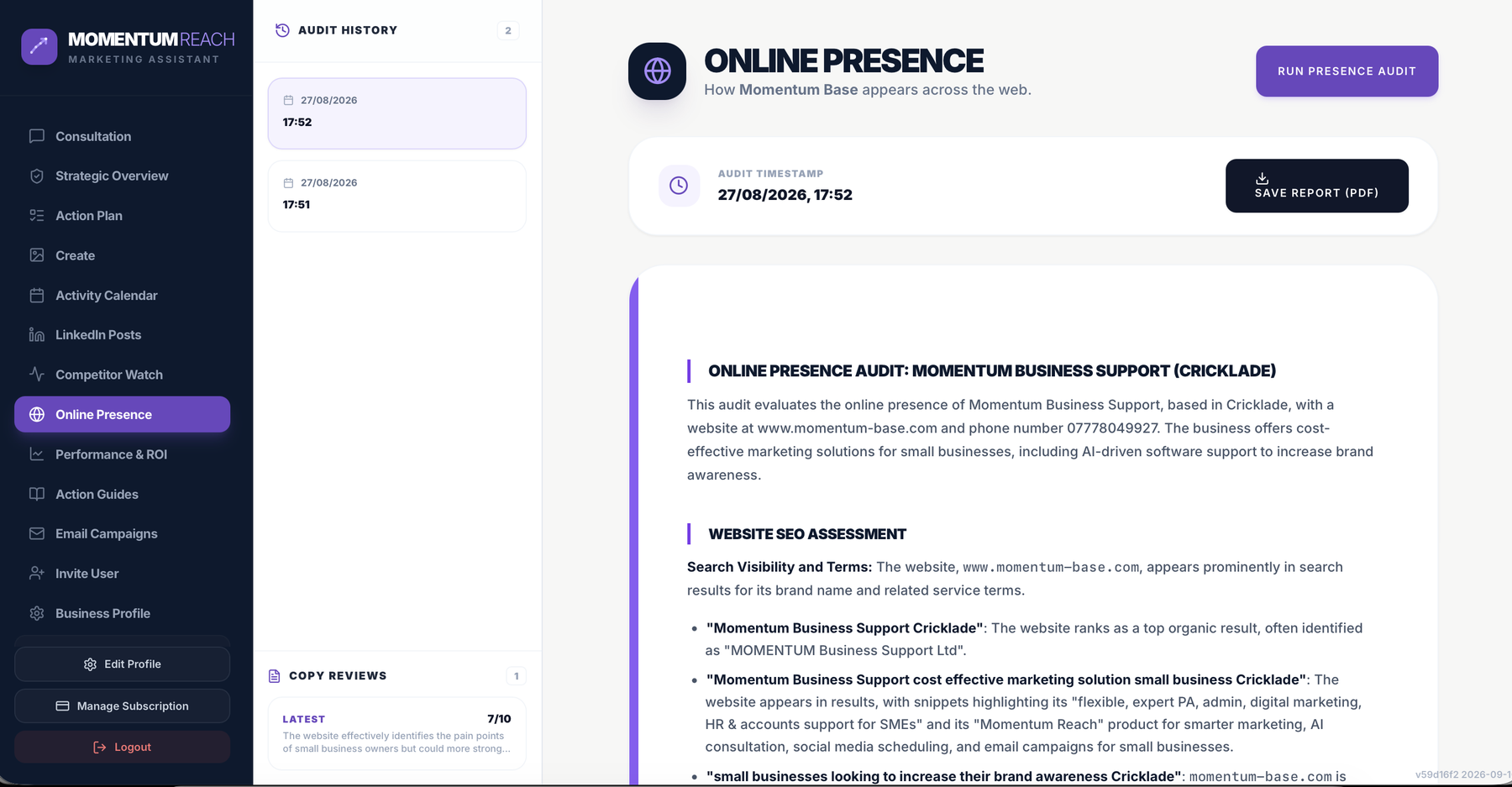 Momentum Reach online presence screen
