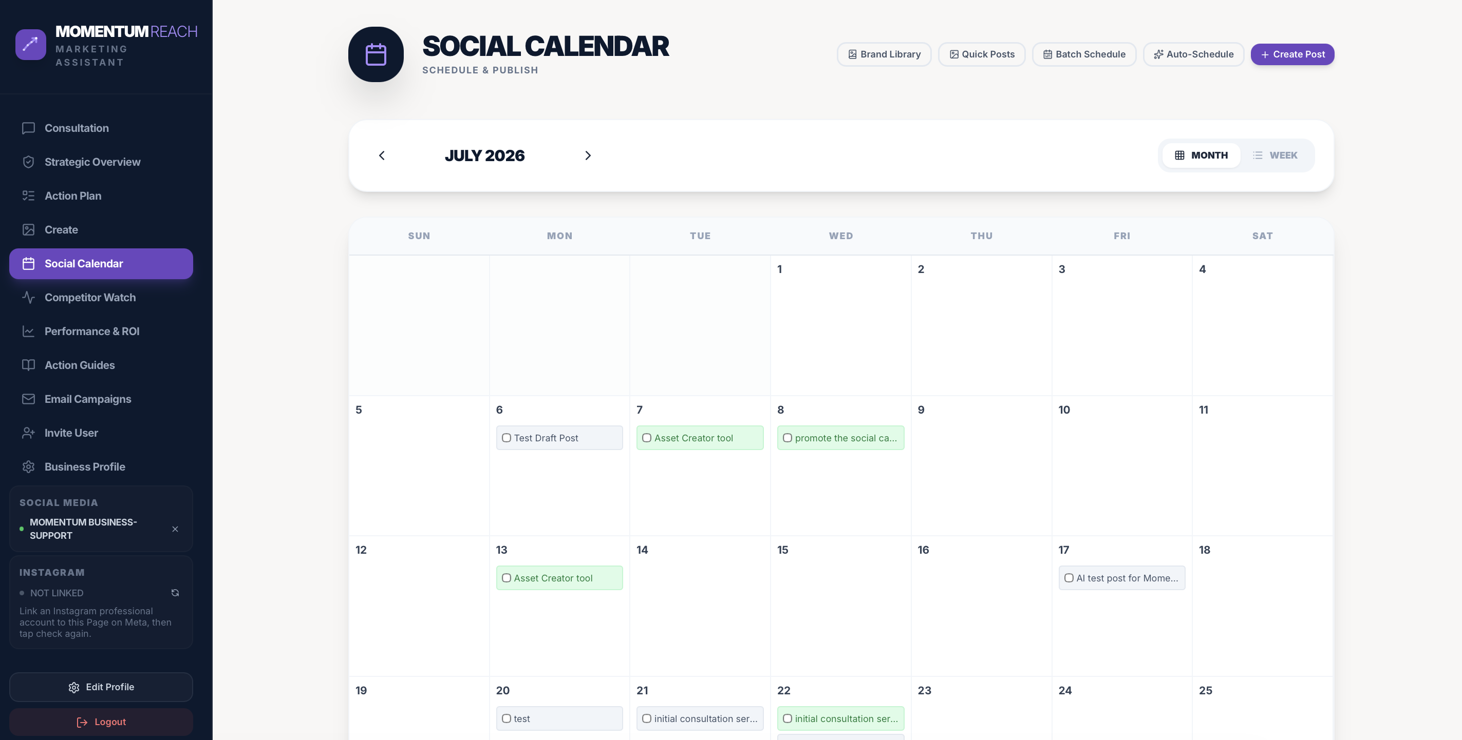 Momentum Reach social calendar screen