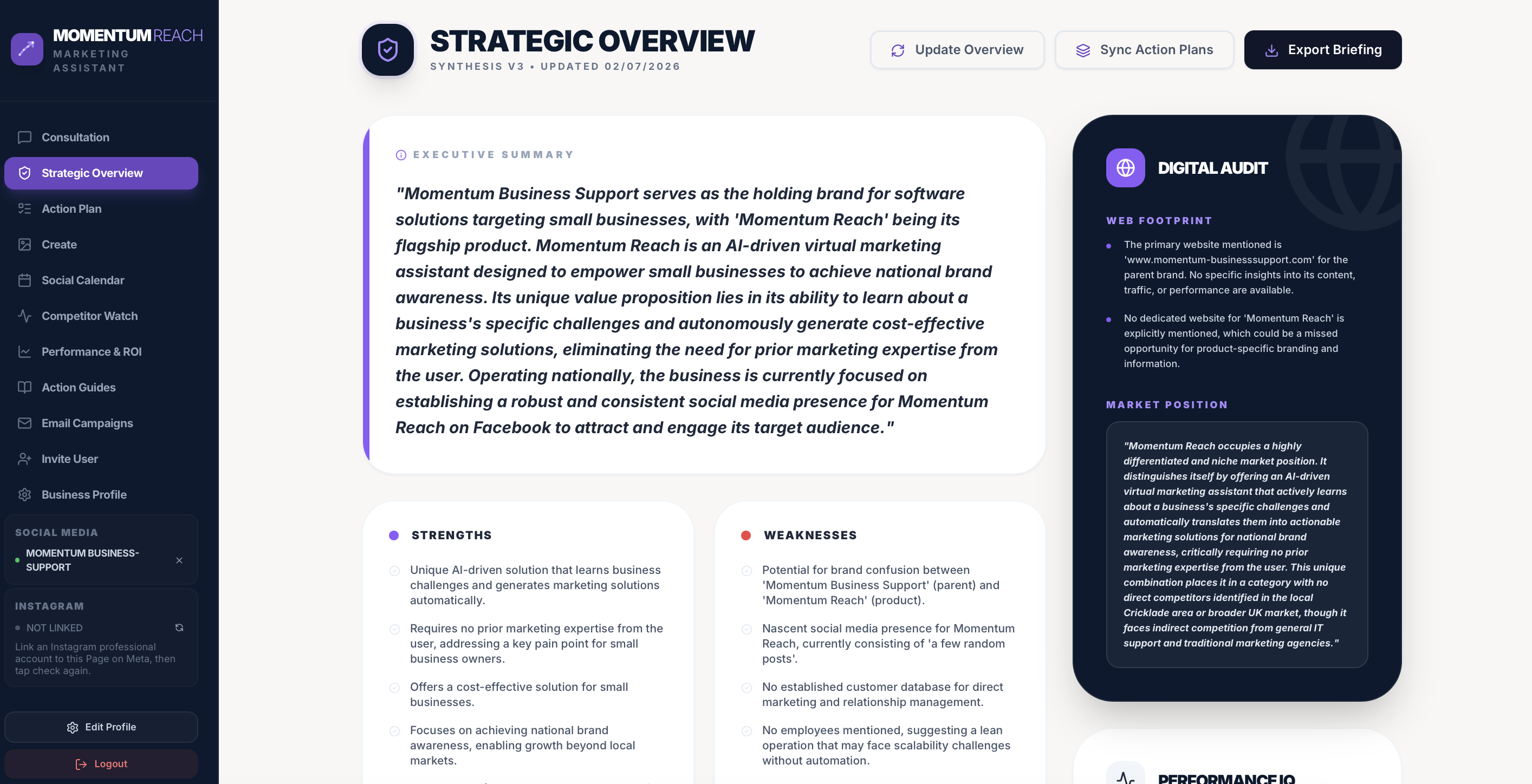 Momentum Reach strategic overview screen